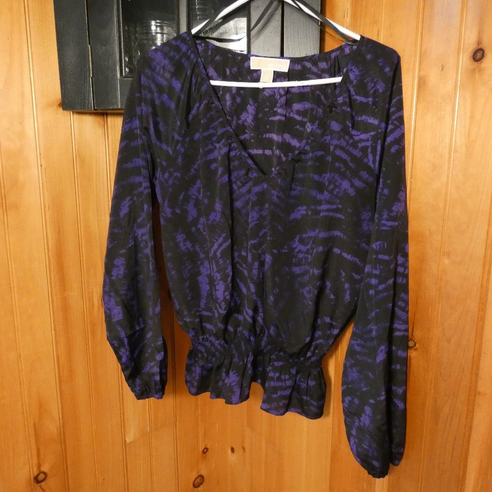 Michael Kors Long Sleeved Ruffle Blouse Purple and Black Size Large